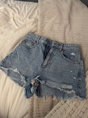 GARAGE Festival High-Waist Distressed Denim Shorts - Light Blue